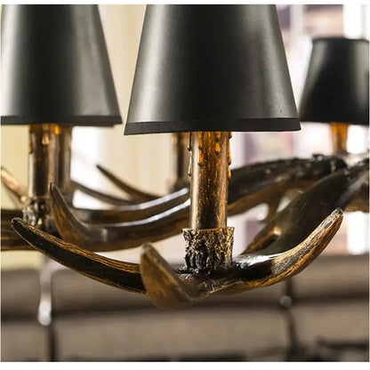 Decorbites antler resin chandelier with black shades and distressed gold finish in american country retro style hanging lamp