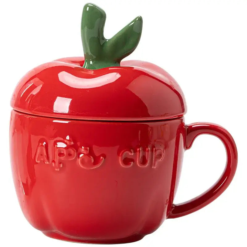 Red ceramic decorbites apple fruit mug with green leafy stem lid and apc cup embossed for kids breakfast gift
