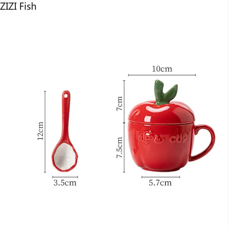Red apple fruit ceramic mug with green leafy top and apc cup embossed by DecorBites for kids breakfast gift