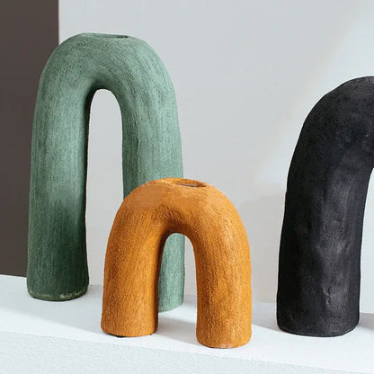 Three matte green orange and black ceramic arch-shaped vases by decorbites arc ceramic for geometric home decor