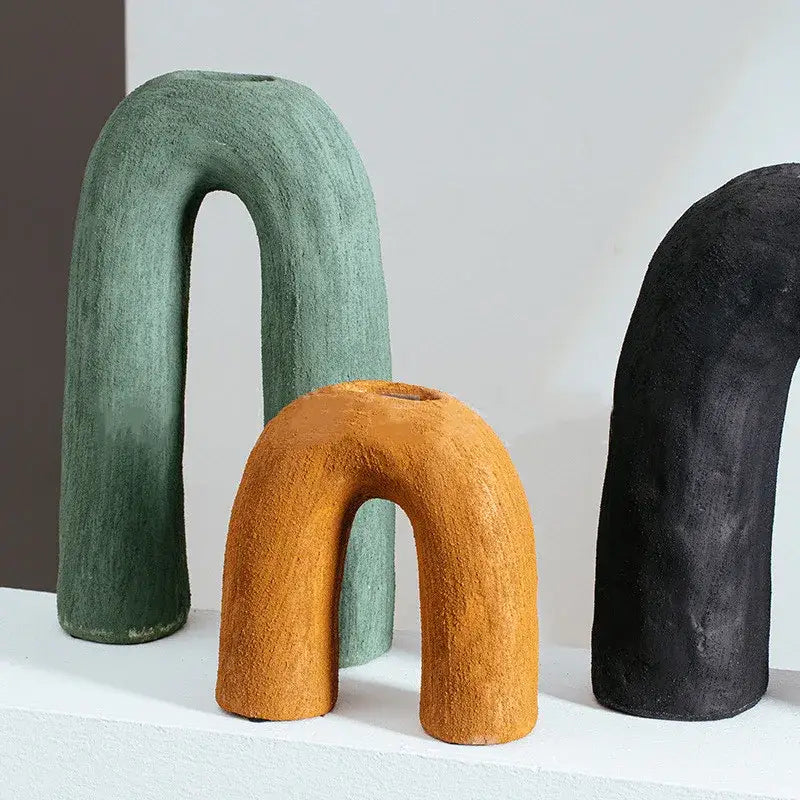 Three matte green orange and black ceramic arch-shaped vases by decorbites arc ceramic for geometric home decor