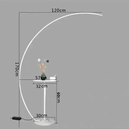 White curved arc led floor lamp with minimalist design and circular base from decorbites arc led collection