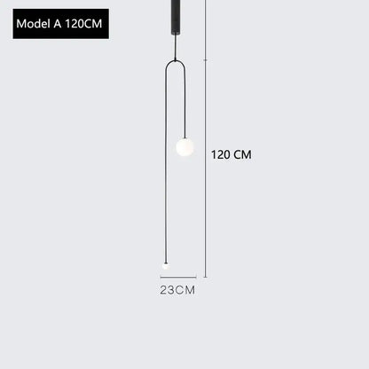 Black minimalist decorbites arc line chandelier with spherical white glass bulb and slender metal frame for living spaces