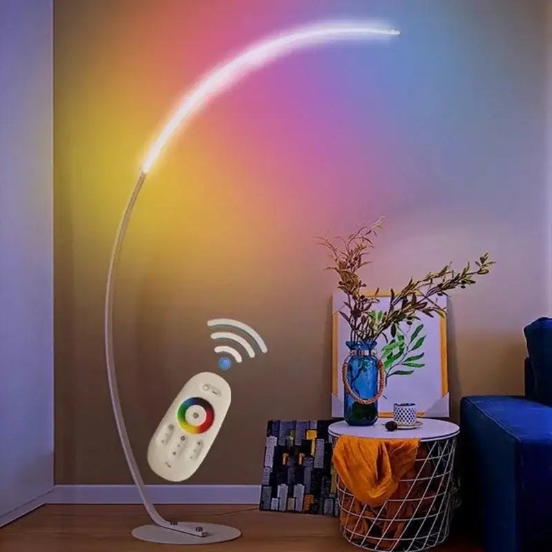 A decorbites arc shape floor lamp with a white base and slender stem emitting vibrant rainbow-colored led light
