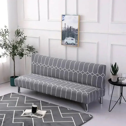 Gray geometric-patterned DecorBites armless futon sofa cover with white lines on modern elastic futon sofa frame