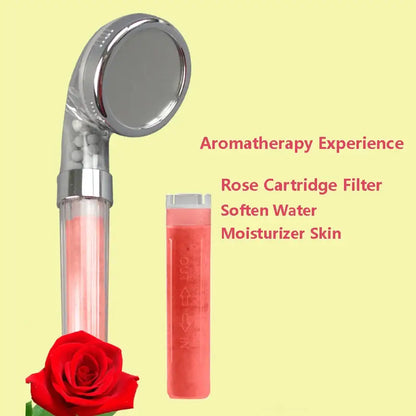 A sleek chrome decorbites aroma filter vitamin c shower head with transparent rose-infused water body and matching cartridge filter
