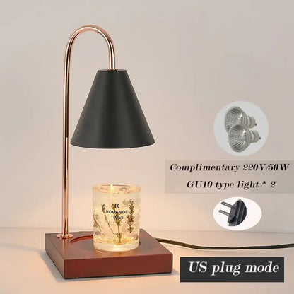 A sleek black conical decorbites aromatherapy melting lamp with rose gold stand and wooden base for warming candles