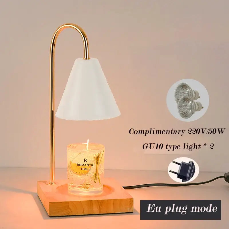 Gold-toned metal decorbites aromatherapy melting lamp with white conical shade and wooden base for candle warming