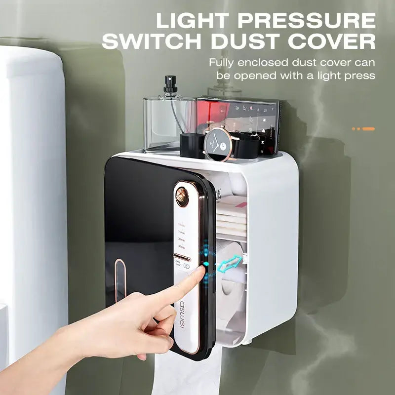 DecorBites™ aromatherapy toilet tissue box holder in white and black plastic with sleek modern wall-mounted design