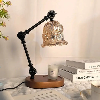 DecorBites™ amber glass wax melting lamp with black metal arm and etched patterns for aromatherapy ambiance
