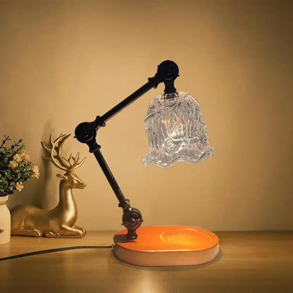 DecorBites™ wax melting lamp with black articulated arm and ornate clear glass shade for aromatherapy and ambiance