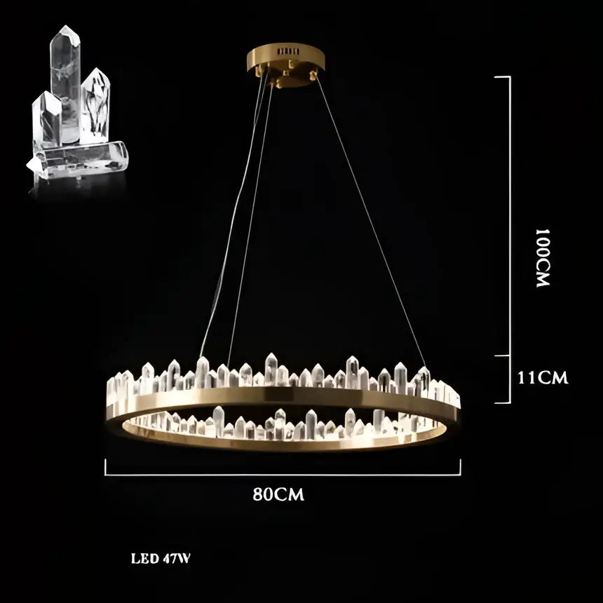 Decorbites arrow crystal led chandelier with gold-toned circular frame and clear crystal spikes for modern living spaces