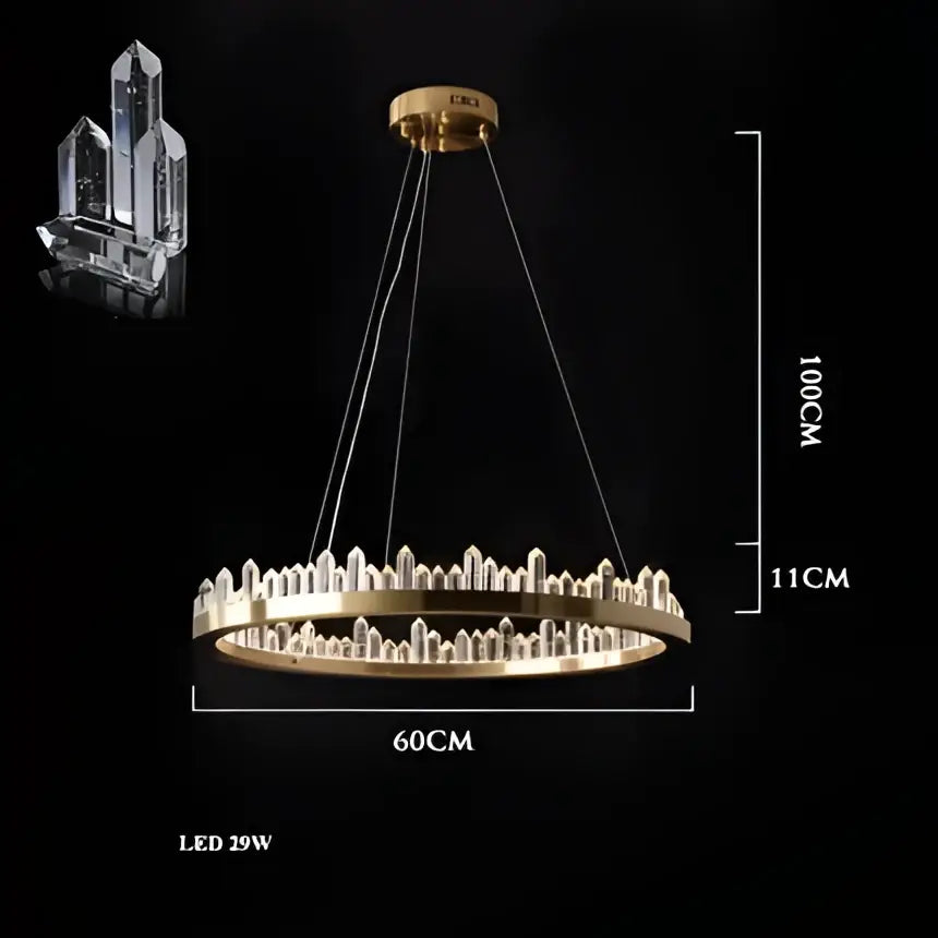 Gold-toned crystal led chandelier with circular design and hanging crystals for modern living or dining by DecorBites Arrow Crystal