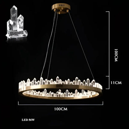 A modern decorbites arrow crystal led chandelier with gold metal frame and clear faceted crystals for living spaces