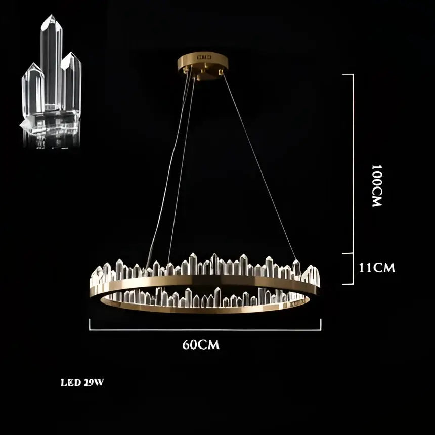 Decorbites arrow crystal led chandelier with gold-toned frame and clear faceted crystals for modern interiors