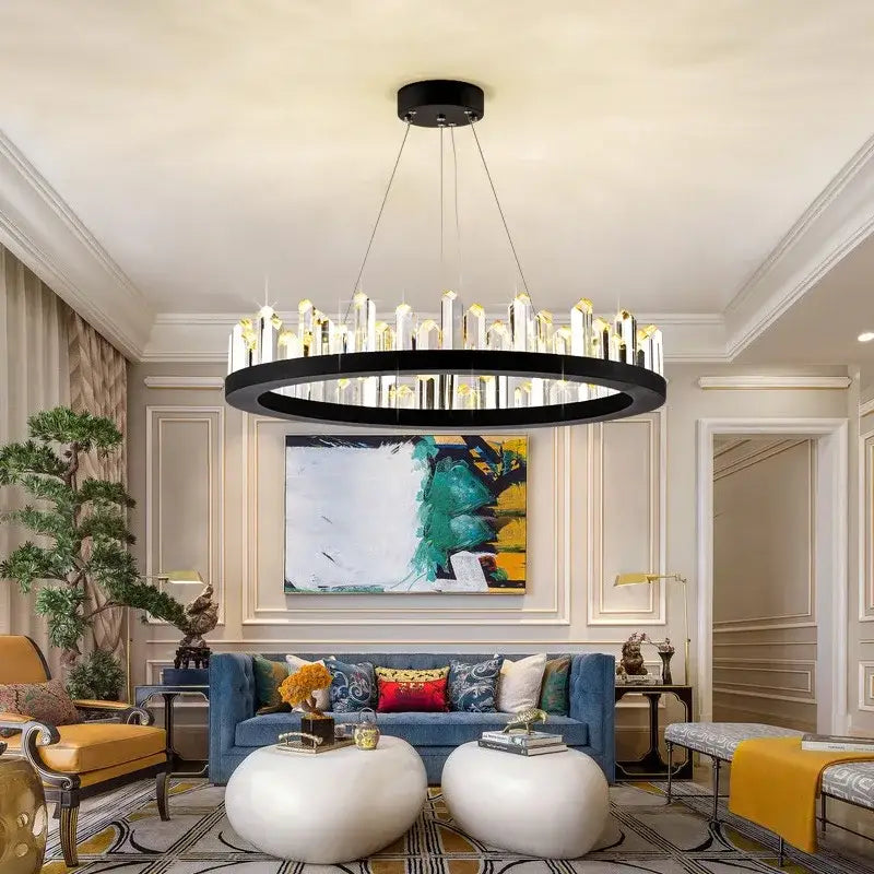 DecorBites arrow crystal led chandelier with black circular frame and clear crystal rods for modern living spaces