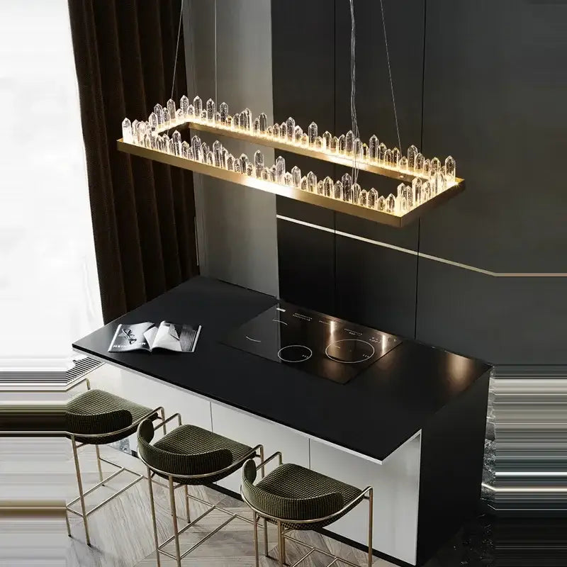 Modern decorbites arrow crystal led chandelier with gold frame and clear crystal elements illuminating living spaces