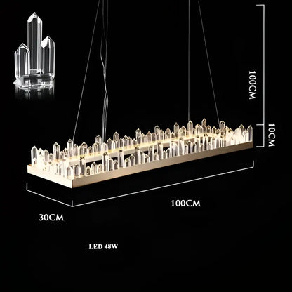 DecorBites Arrow Crystal LED chandelier with clear crystal prisms in urban skyline design for modern living spaces
