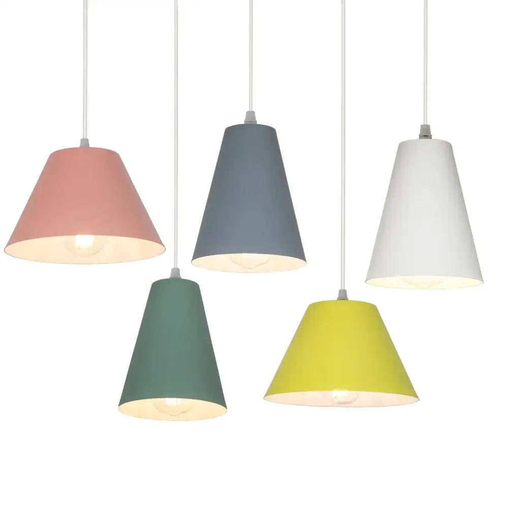 Set of five DecorBites art colorful pendant lamps in pastel pink, muted blue, white, sage green, and bright yellow conical shades