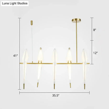 Gold-toned decorbites™ art deco acrylic bird island pendant light with five translucent teardrop glass shades and led bulbs