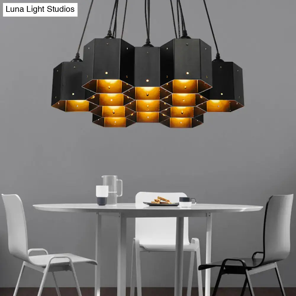 DecorBites™ art deco black metal hexagonal pendant ceiling light with gold interior for dining room island lighting