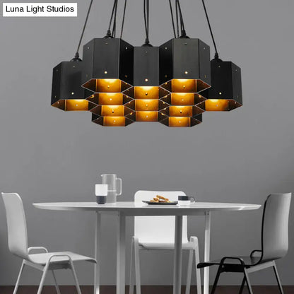 DecorBites™ art deco black metal hexagonal pendant ceiling light with gold interior for dining room island lighting