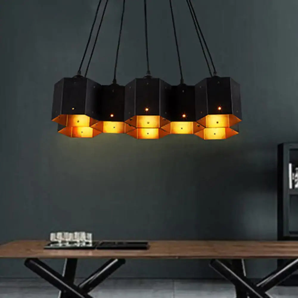 Art deco black metal honeycomb ceiling light with warm gold interior lighting for dining room by decorbites