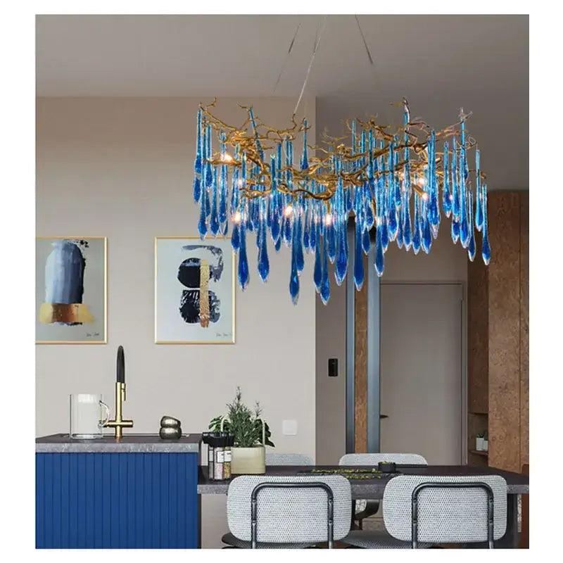 DecorBites Art Deco blue queen crystal chandelier with golden arms and teardrop crystals for living room decor