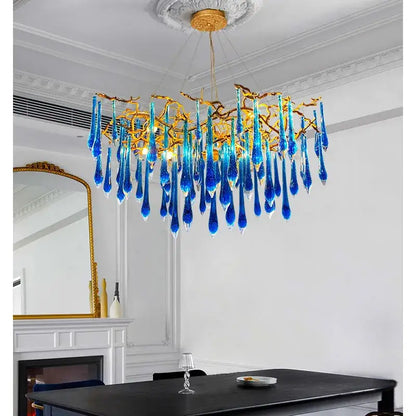 Decorbites art deco blue queen crystal chandelier with golden arms and cascading teardrop crystals for living room