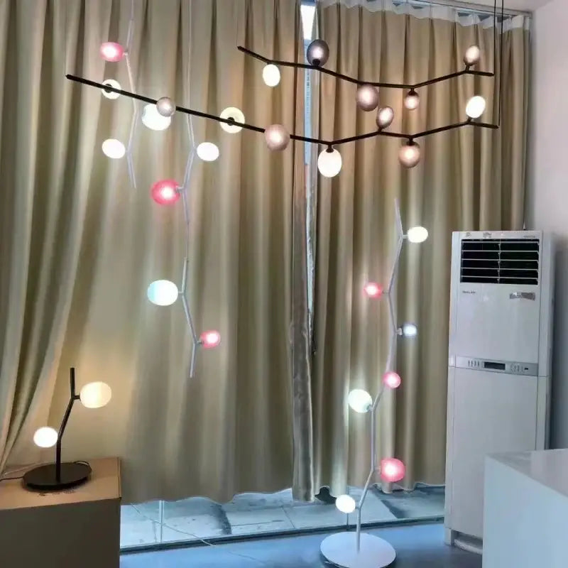 Modern decorbites art deco branches chandelier with dark metal frame and warm white pink blue spherical lights height adjustable