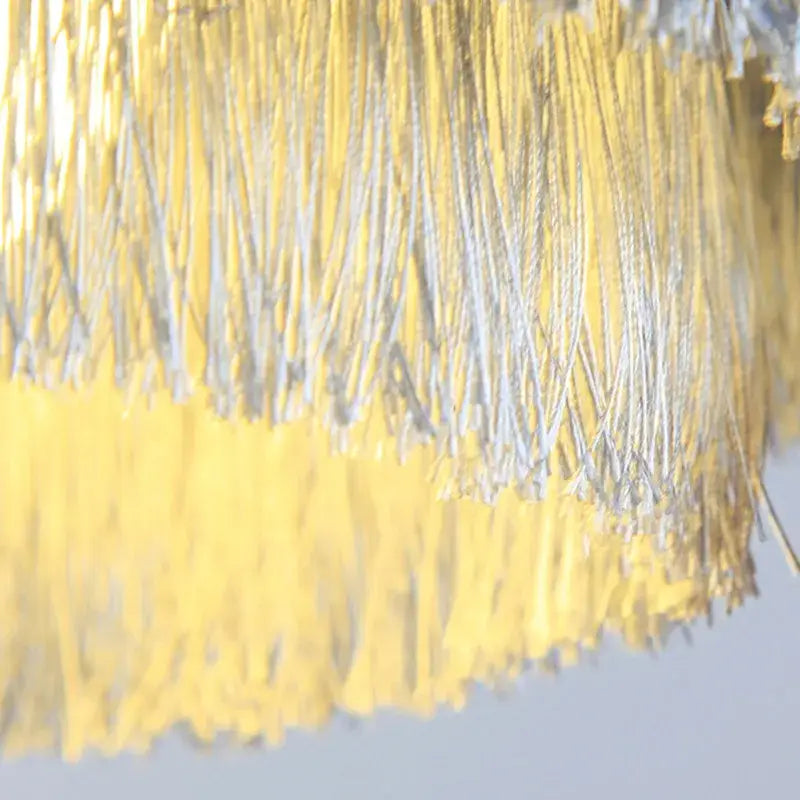 DecorBites art deco tiered chandelier with shimmering yellow and silver cotton thread fringe curtain in black gold finishing