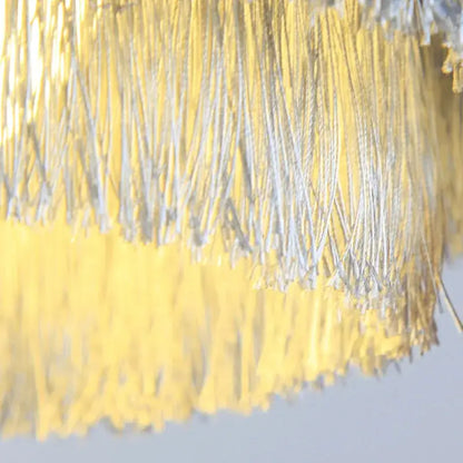 DecorBites art deco tiered chandelier with shimmering yellow and silver cotton thread fringe curtain in black gold finishing