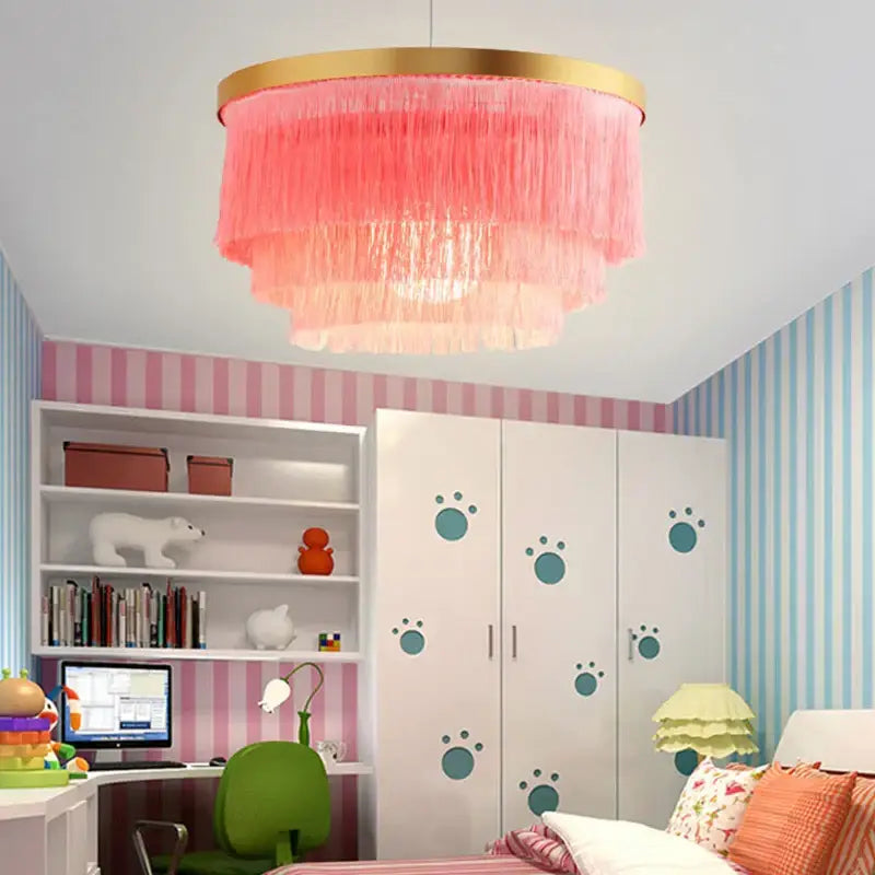 Decorbites art deco tiered chandelier with pink cotton thread fringe and gold rim in black gold finishing