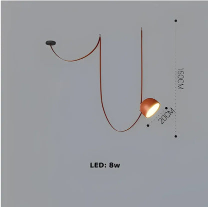 A modern copper-toned cross belt hanging lamp with orange lustre and an illuminated dome for living room use