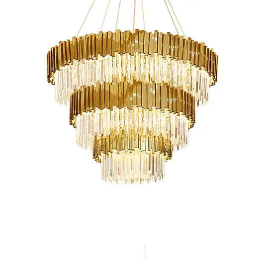 Decorbites art deco crystal led chandelier with cascading gold metal rods and clear prisms four tier designer lighting