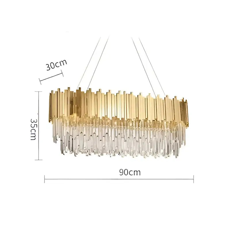 Gold-toned decorbites art deco 4 tier LED chandelier with clear crystal and modern elongated oval design