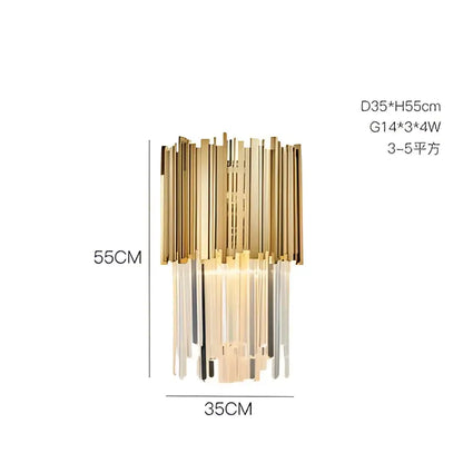 Gold-toned decorbites art deco crystal led chandelier with slender vertical rods and cascading deco crystal elements