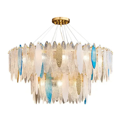 Decorbites art deco glass iron led chandelier with gold accents and cascading fish-shaped glass shades for dining room