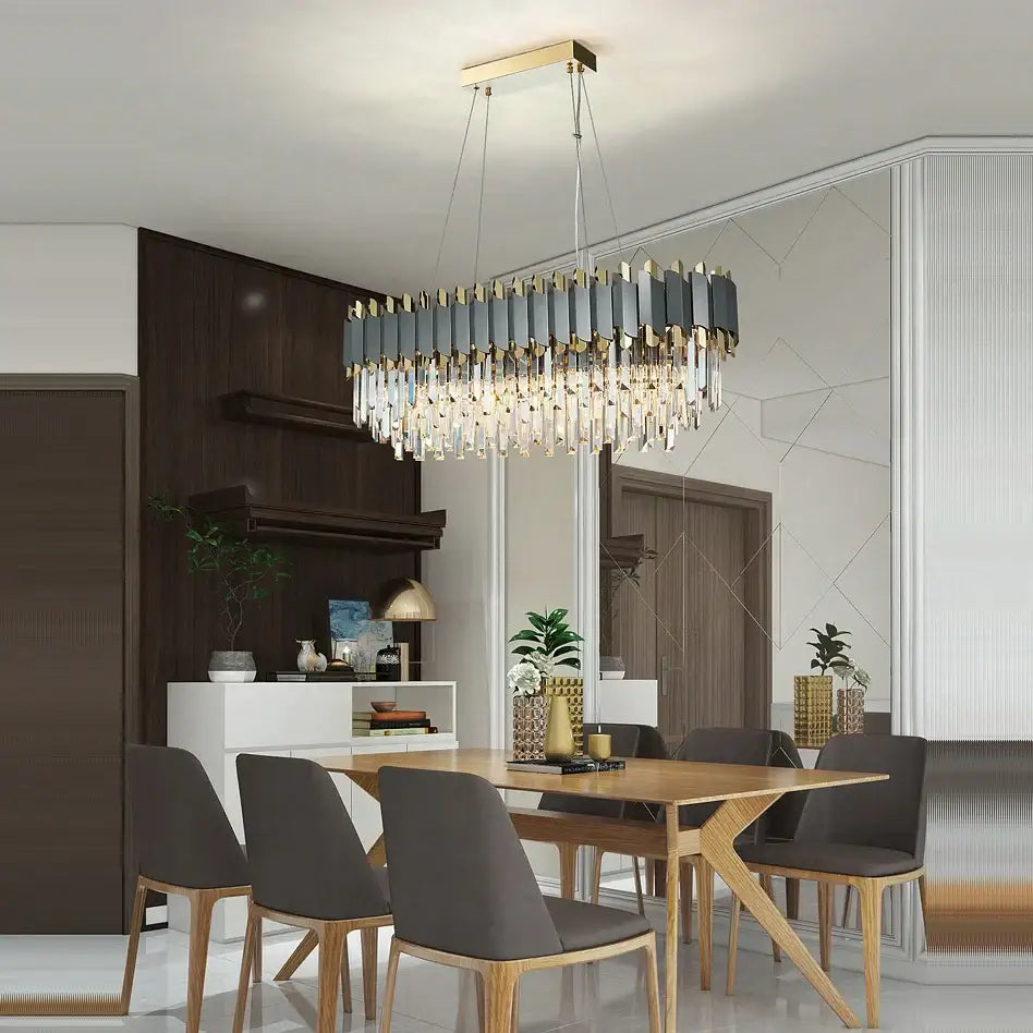 Modern decorbites art deco pendant lights with art deco golden metallic frame and cascading gray-blue glass panels with crystals