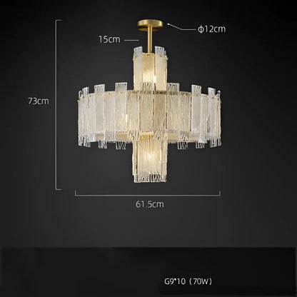 Decorbites art deco golden copper glass chandelier with cascading crystal fringe and central cylindrical led fixture