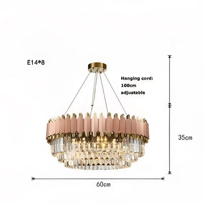 A modern decorbites art deco chandelier with circular design, rose gold and clear crystal, brass ceiling mount