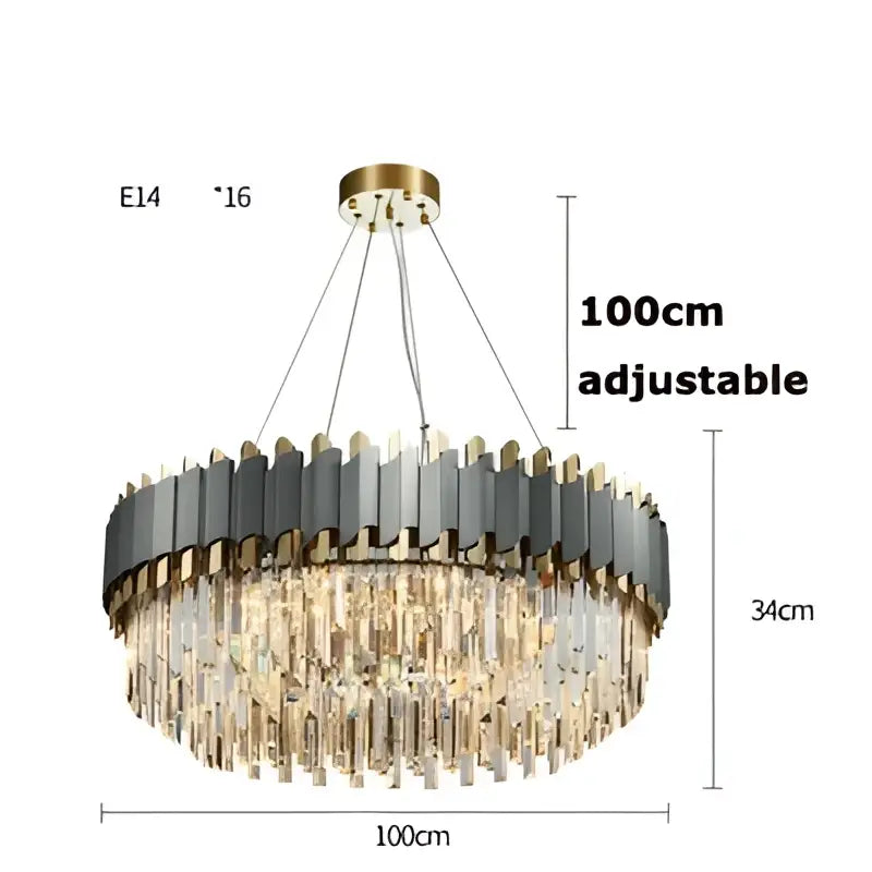 A decorbites art deco golden crystal chandelier with gold-toned top, dark gray panels, and cascading clear prisms
