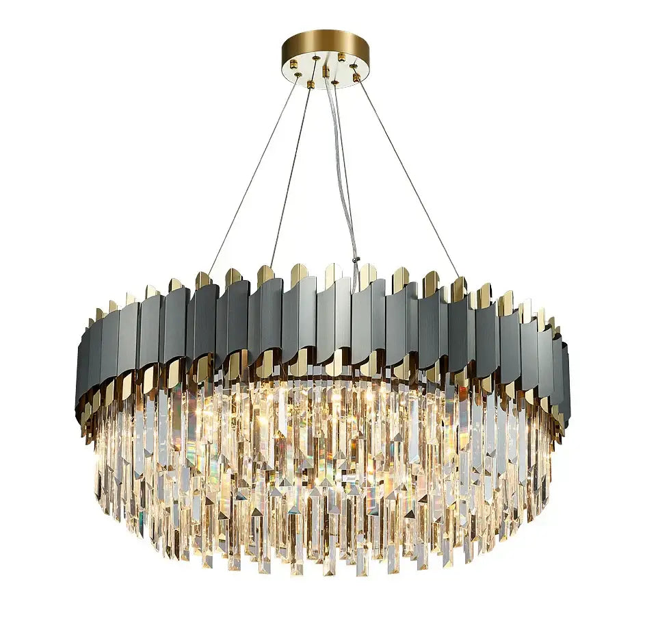 Modern chandelier with matte black and gold accents and cascading clear crystal prisms decorbites art deco style