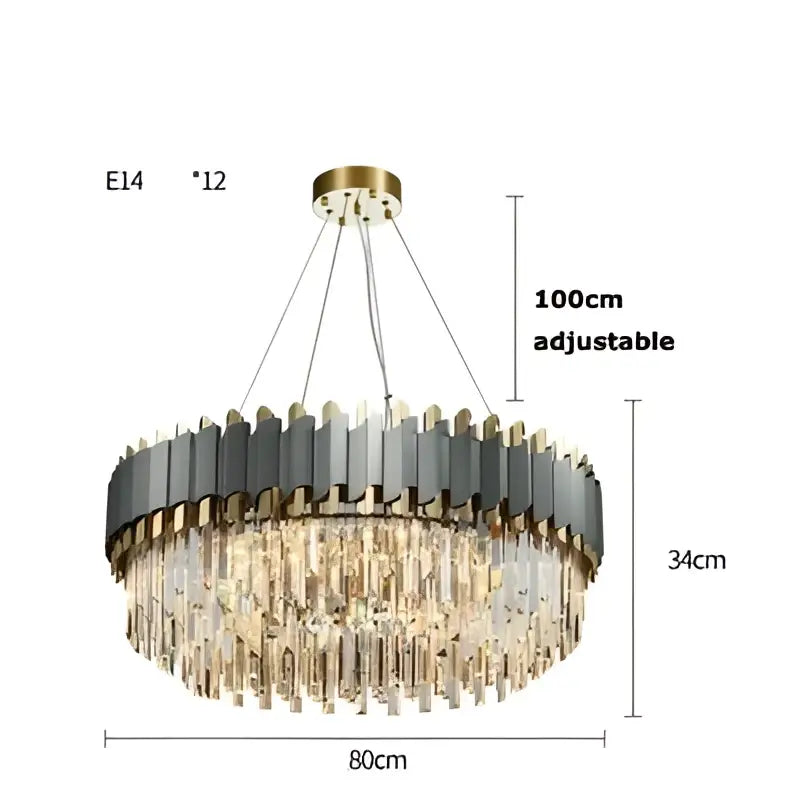 A decorbites art deco gray and gold crystal chandelier with circular metallic bands and cascading prisms for foyer lighting