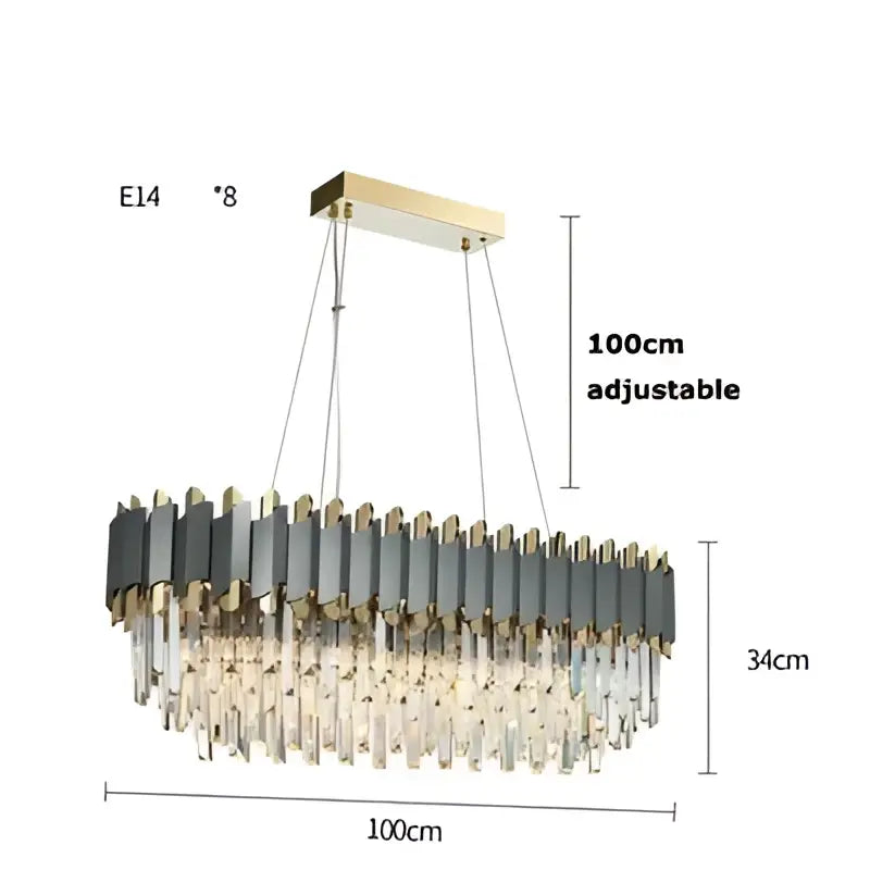A modern rectangular decorbites art deco chandelier with gold top and dual tier gray and clear crystal rods for foyer lighting