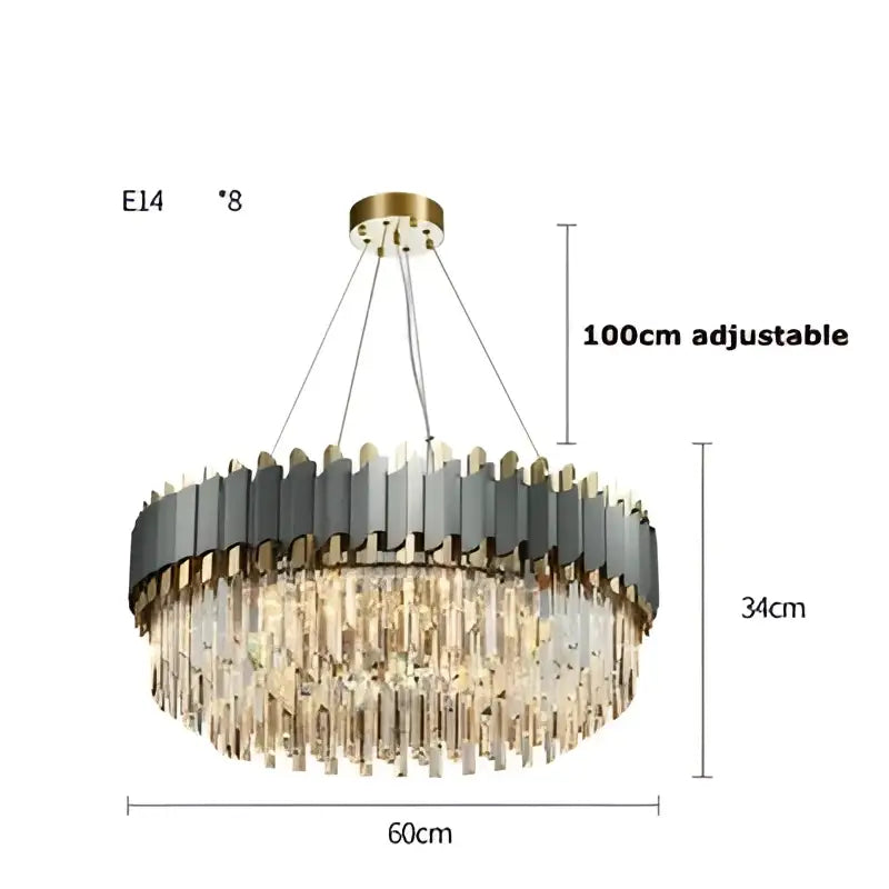 Decorbites art deco gray and gold crystal chandelier with circular metal frame and cascading clear prisms for foyer lighting