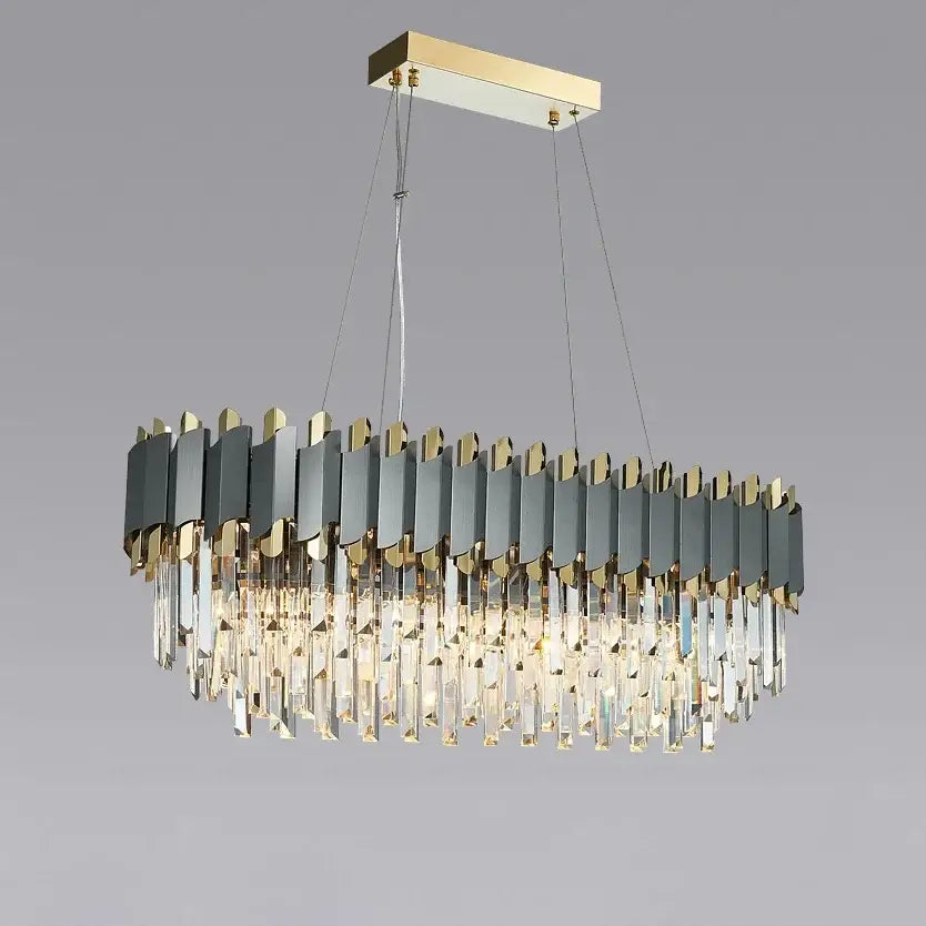 Decorbites art deco rectangular chandelier with gold metal frame dark gray panels and clear crystal prisms for foyer lighting
