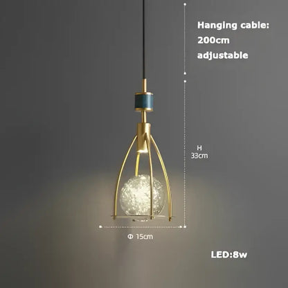 Gold-toned cage pendant light with frosted glass globe bulb from DecorBites art deco led ceiling chandelier