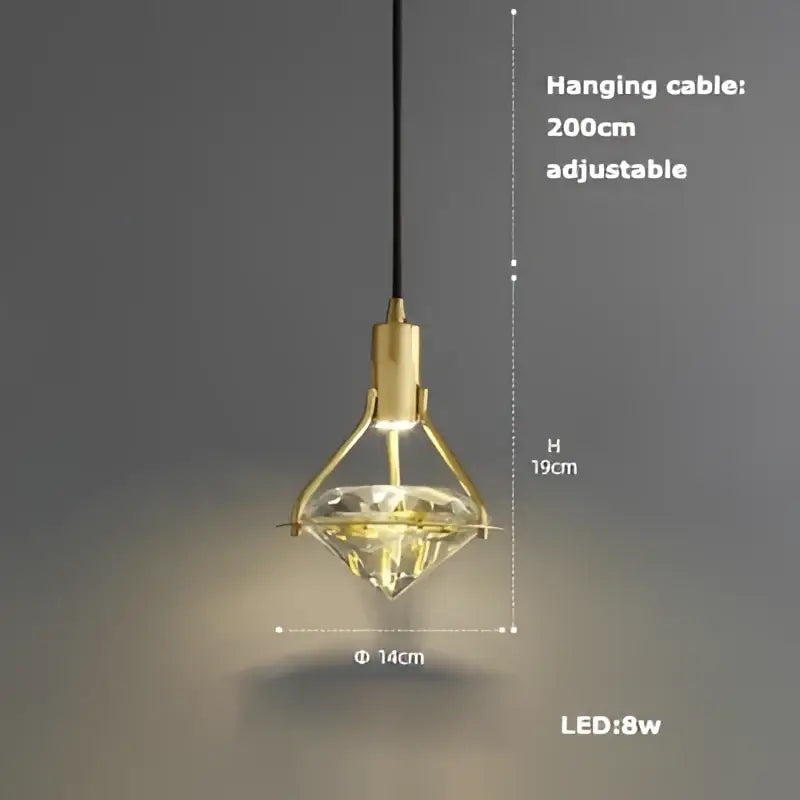 Gold-toned decorbites art deco pendant light with diamond shape clear crystal center and adjustable 200cm hanging cable