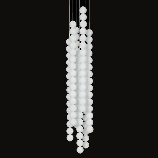 Decorbites art deco pendant light with white frosted glass orbs in cascading strands gold chrome black finish